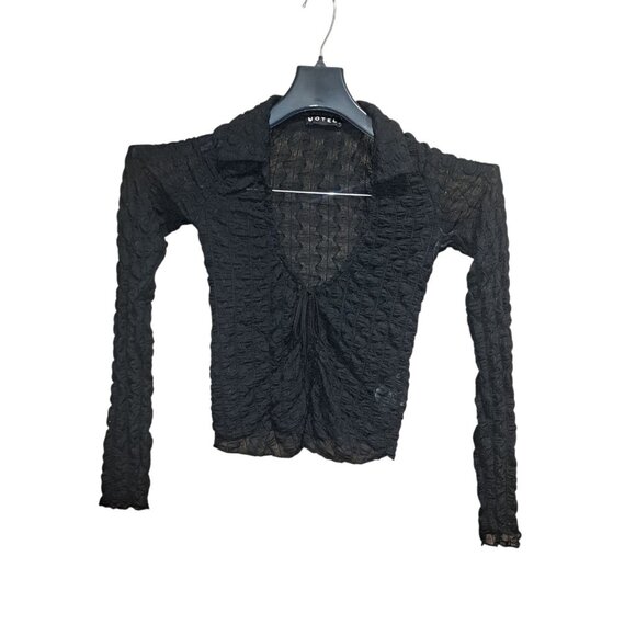 Motel Rocks Womens Sheer Crinkle Mesh Tie Front Crop Top Black Long Sleeve Small - Picture 1 of 7